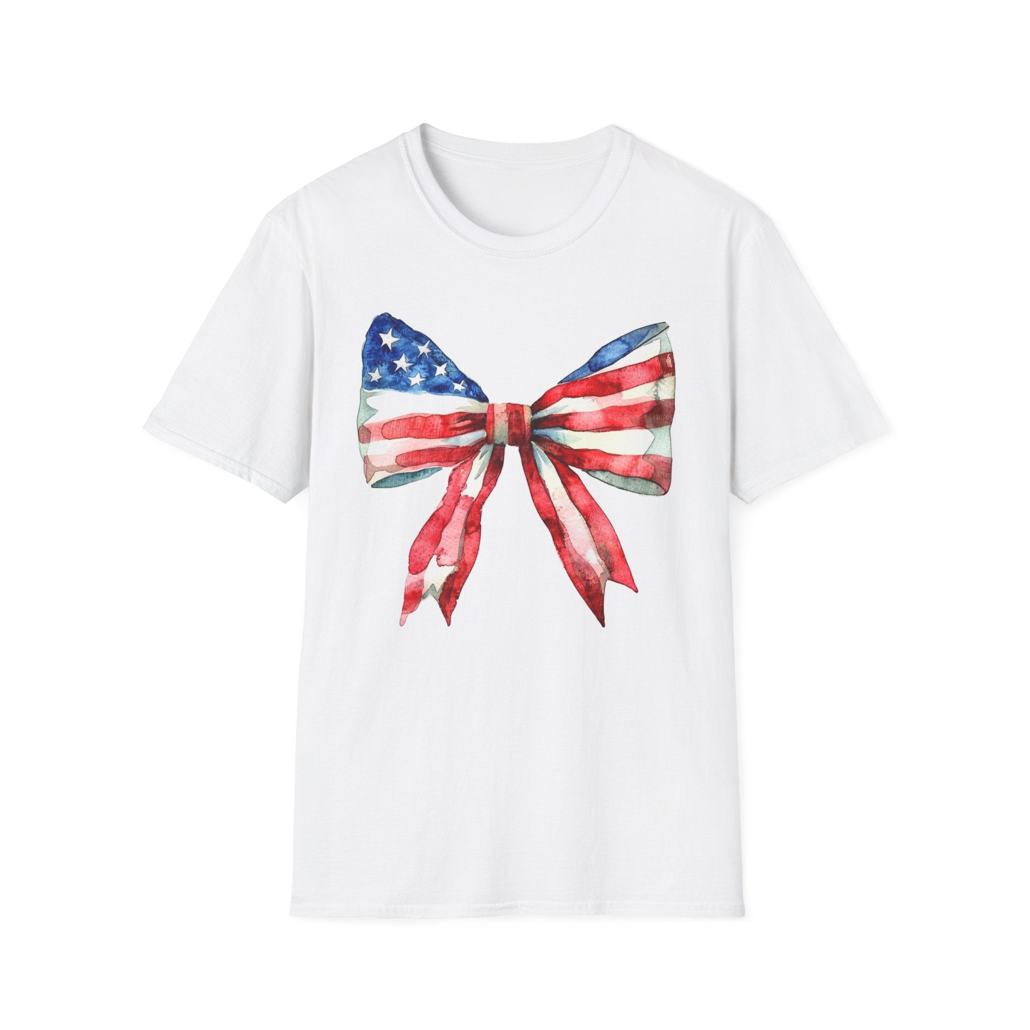 American Flag Bow T-Shirt — Patriotic Watercolor Bow Tee for 4th of July