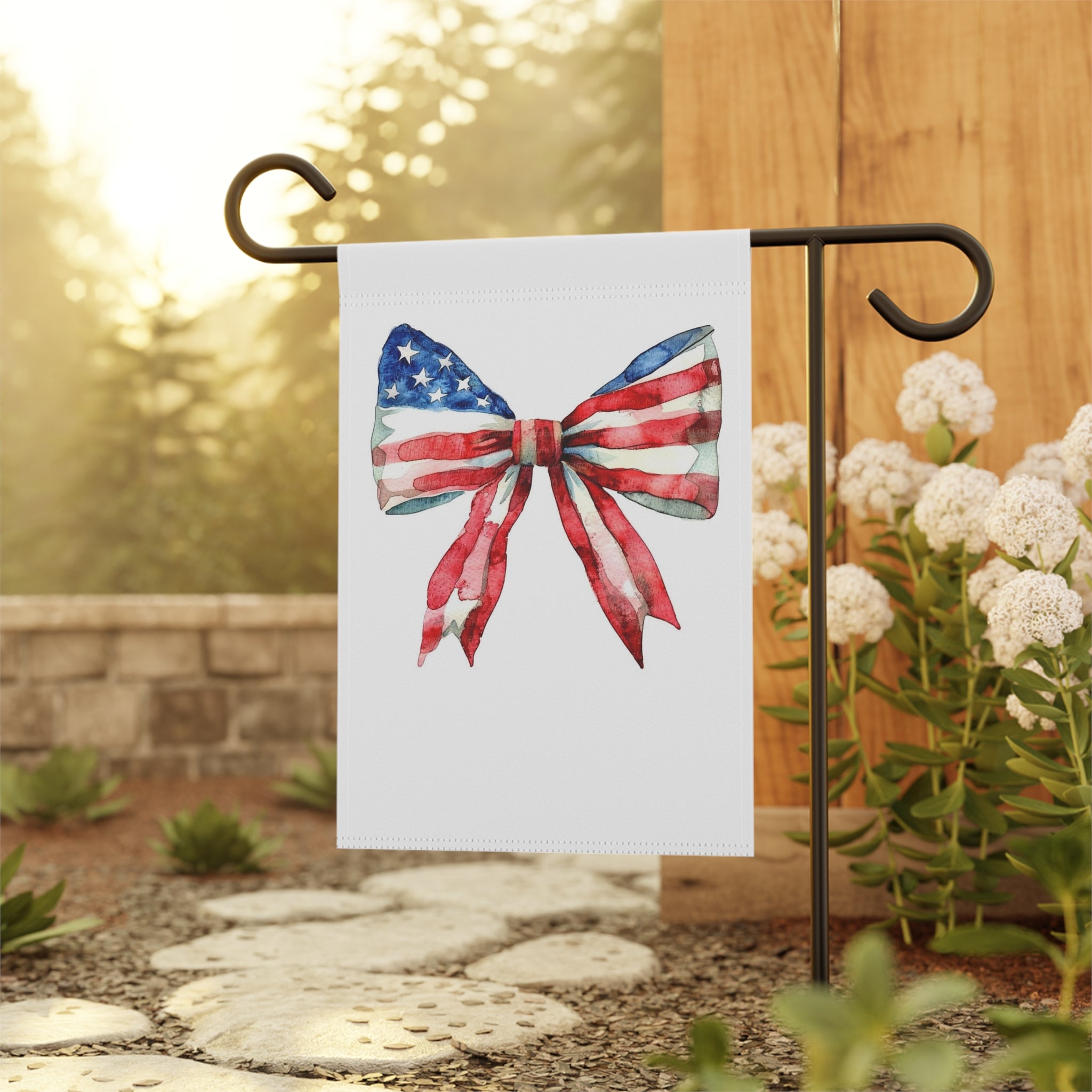 Patriotic Watercolor Bow Garden Flag - USA Stars & Stripes Outdoor Banner