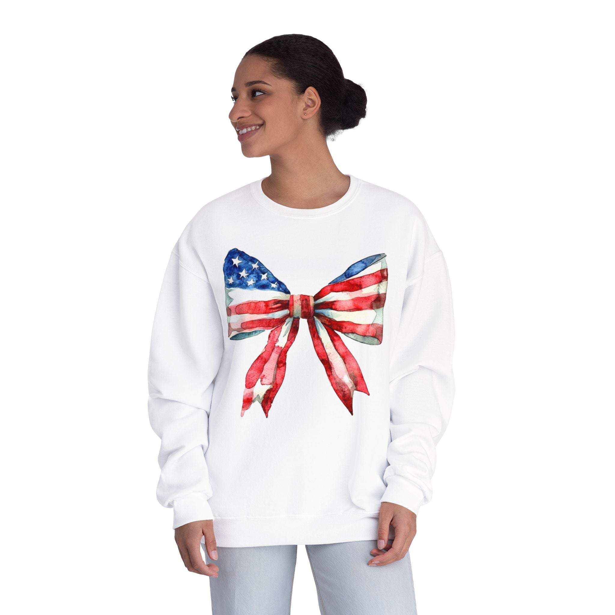 American Flag Bow Crewneck Sweatshirt — Patriotic Red White Blue Pullover