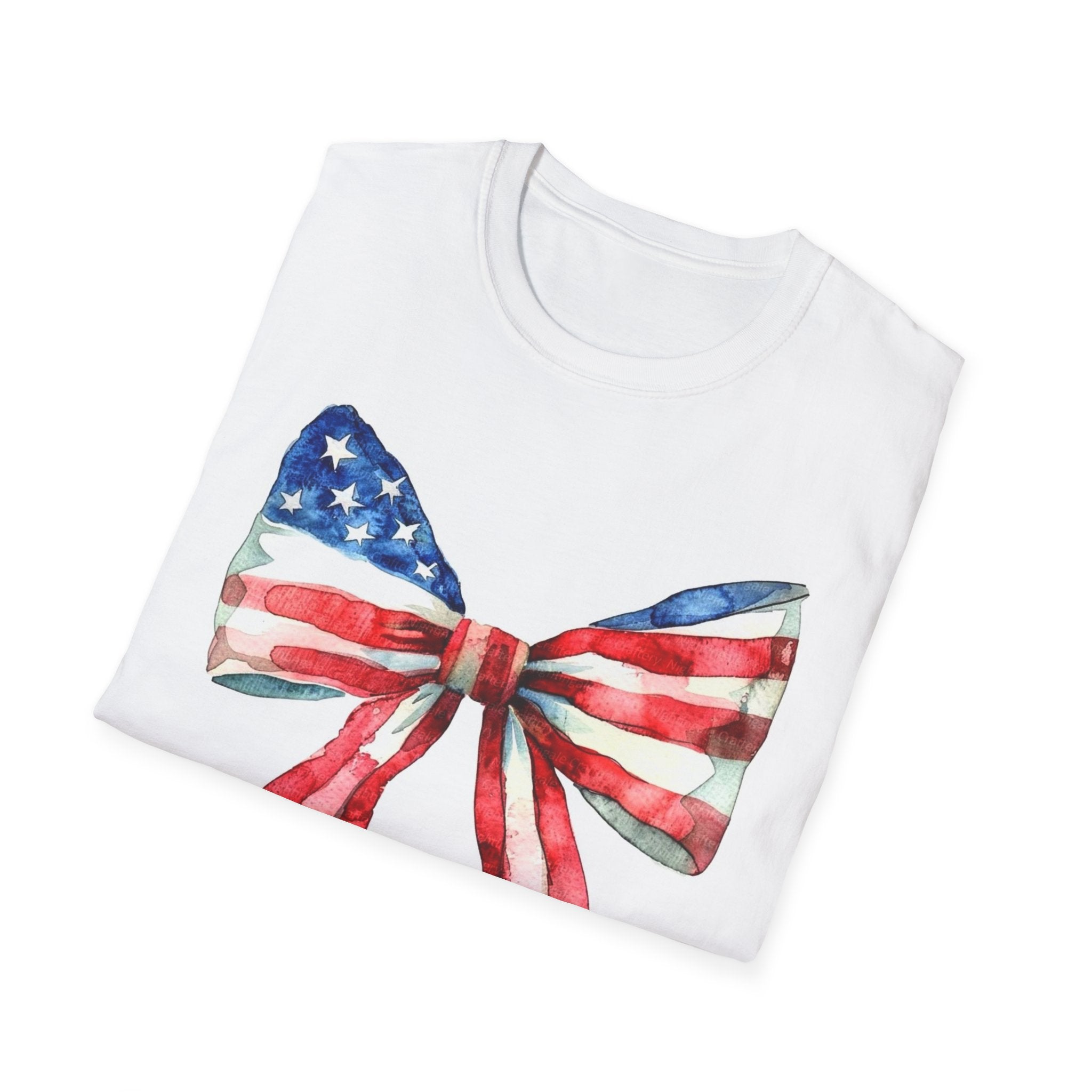 American Flag Bow T-Shirt — Patriotic Watercolor Bow Tee for 4th of July